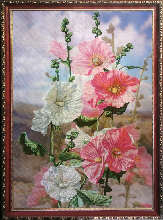Картина "Мальвы" / вышивка, 56х43 см