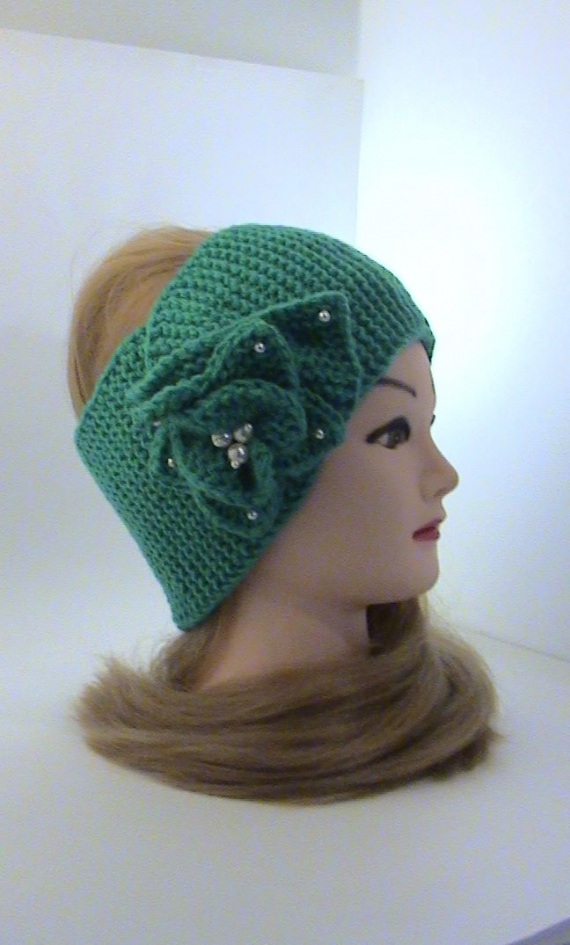 Повязка на голову бирюзовогоцвета вязаная с цветком