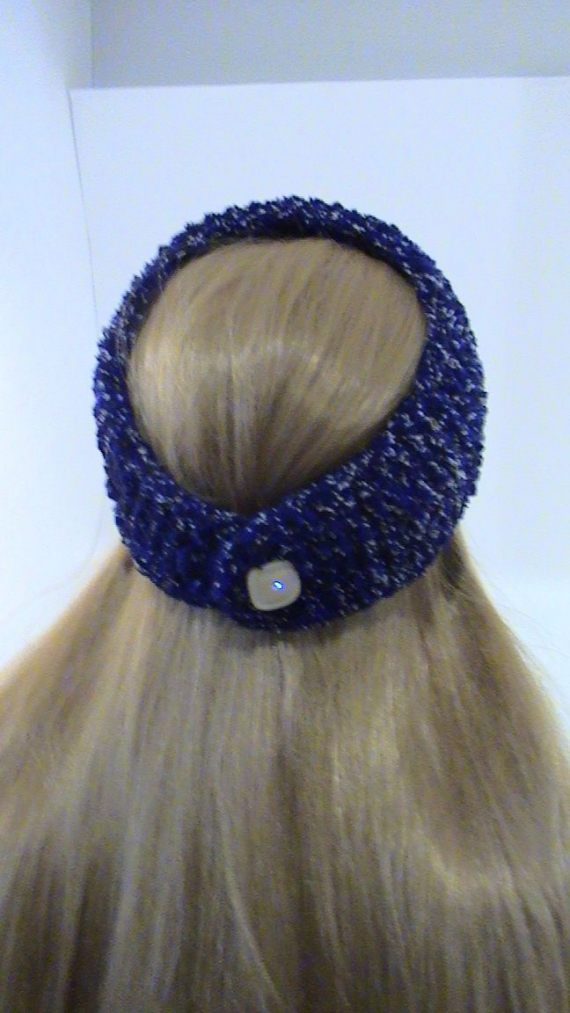 Повязка махровая вязаная, цвет: микс синего, черного и белого