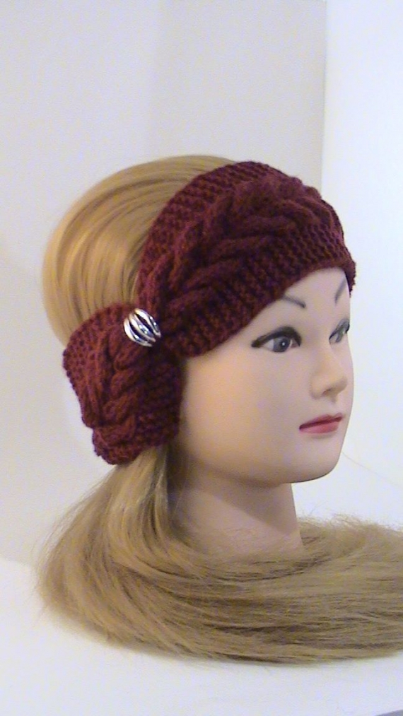 Повязка с украшением вязаная бордовая