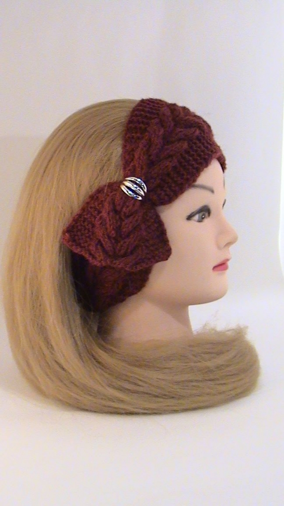 Повязка с украшением вязаная бордовая