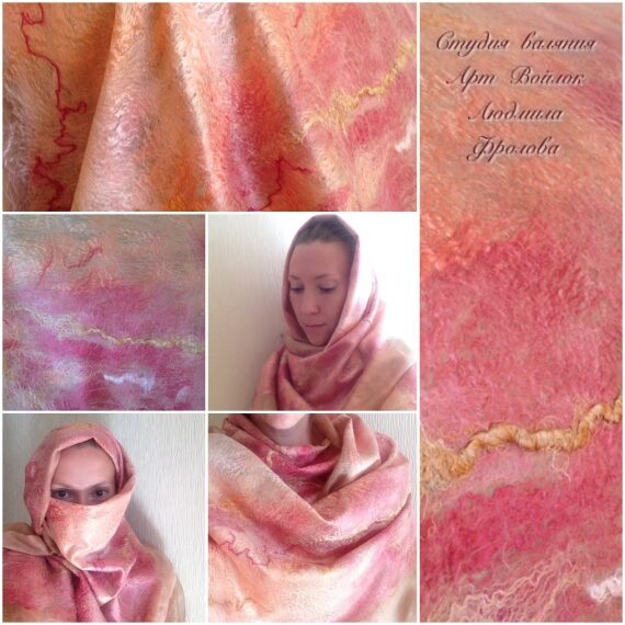 Шёлковый валяный палантин "Персико-розовый".