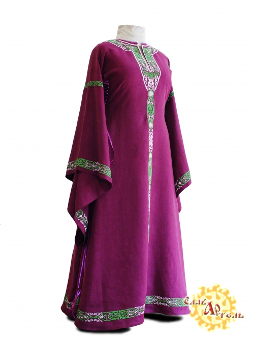 Средневековое льняное платье Пурпурная Лилия; Фэнтези; Вышитое