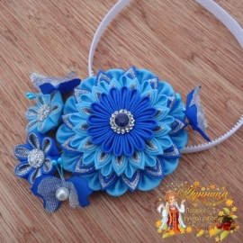 Ободок для волос канзаши "Синий иней"