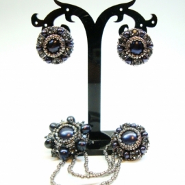 Двойная брошь и серьги Черный жемчуг и Сваровски