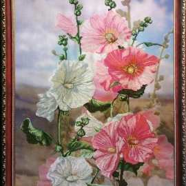 Картина "Мальвы" / вышивка, 56х43 см