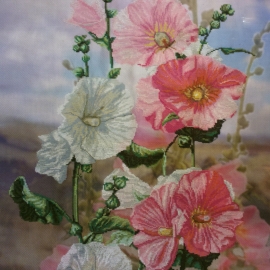 Картина "Мальвы" / вышивка, 56х43 см