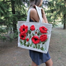 Сумка льняная, вышитая лентами "Маки"