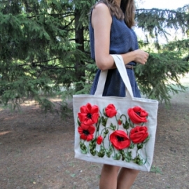 Сумка льняная, вышитая лентами "Маки"