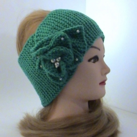 Повязка на голову бирюзовогоцвета вязаная с цветком